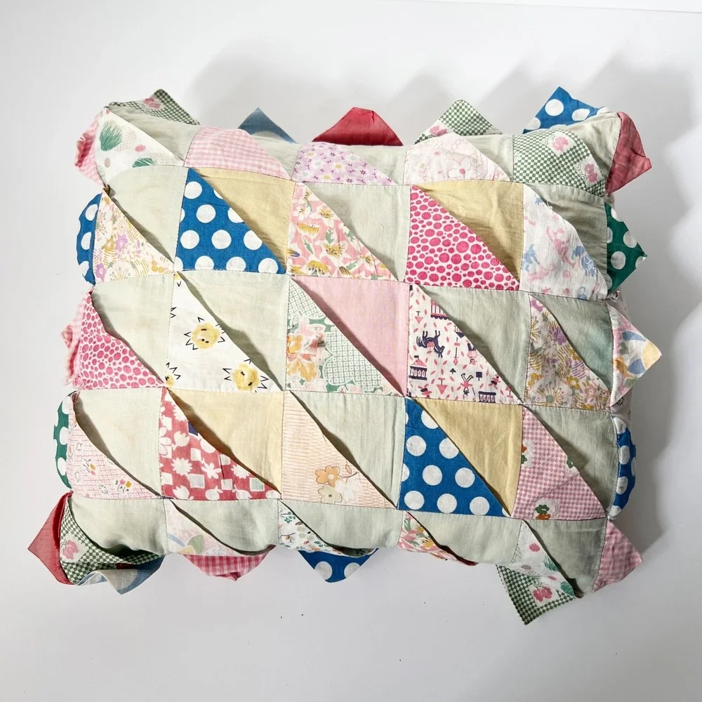 Vintage Handmade Patchwork Quilt Toss Pillow Multicolor Prairie Point Trim Folk